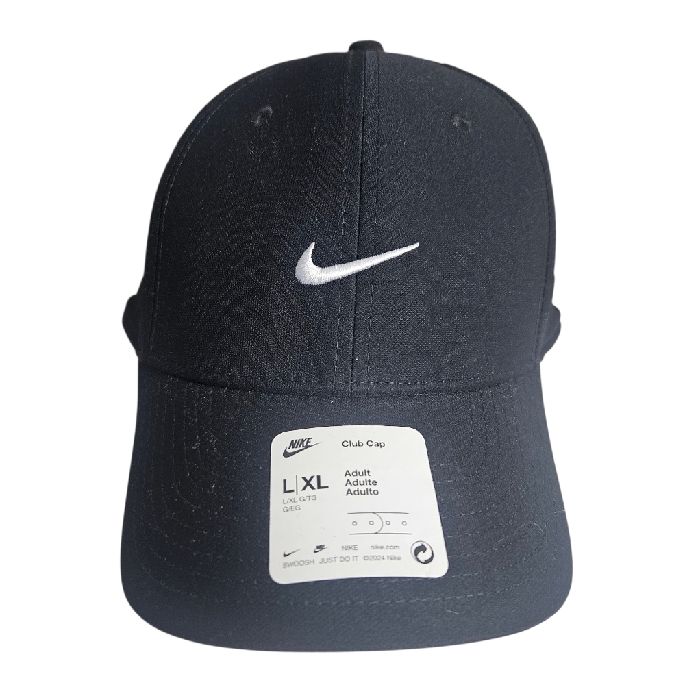 NEW Size L/XL Nike Dri-Fit Club Black Hat Cap Golf Tennis White‎ Swoosh